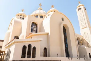 Orthodox coptic As-Samayyun Cathedral Church Sharm El Sheikh, Egypt. Wide view from below.